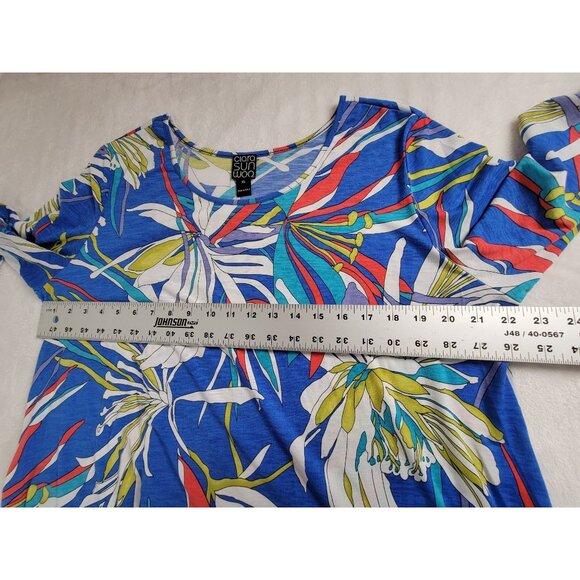 Clara Sunwoo Womens XL Floral Print Asymmetrical Tunic Top Blouse Blue Stretch - Picture 6 of 8